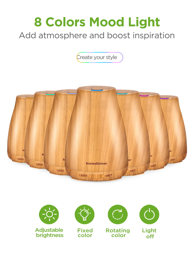 InnoGear Essential Oil Diffuser with Oils, 150ml Aromatherapy Diffuser with 6 Essential Oils Set, Aroma Cool Mist Humidifier Gift Set, Yellow Wood Grain