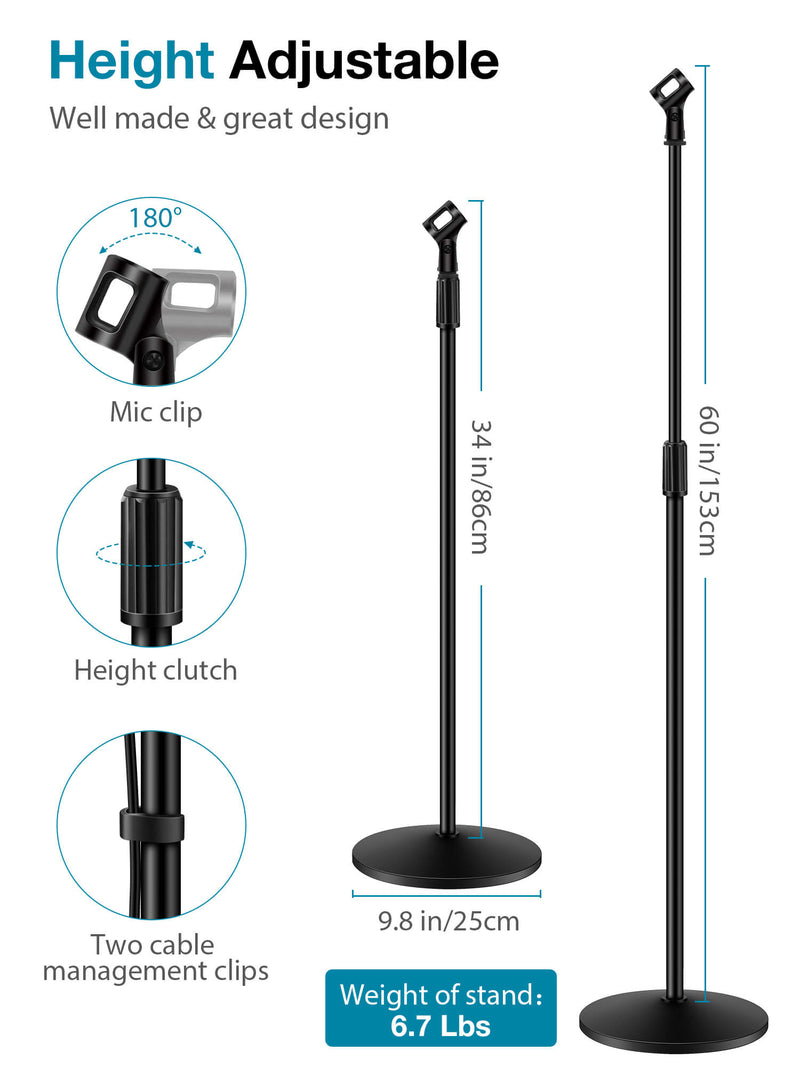 InnoGear Microphone Stand, Universal Mic Mount Detachable Mic Floor Stand with Weighted Round Base, Height Adjustable from 34" to 60" for Blue Snowball Blue Yeti Shure SM58 Samson Q2U
