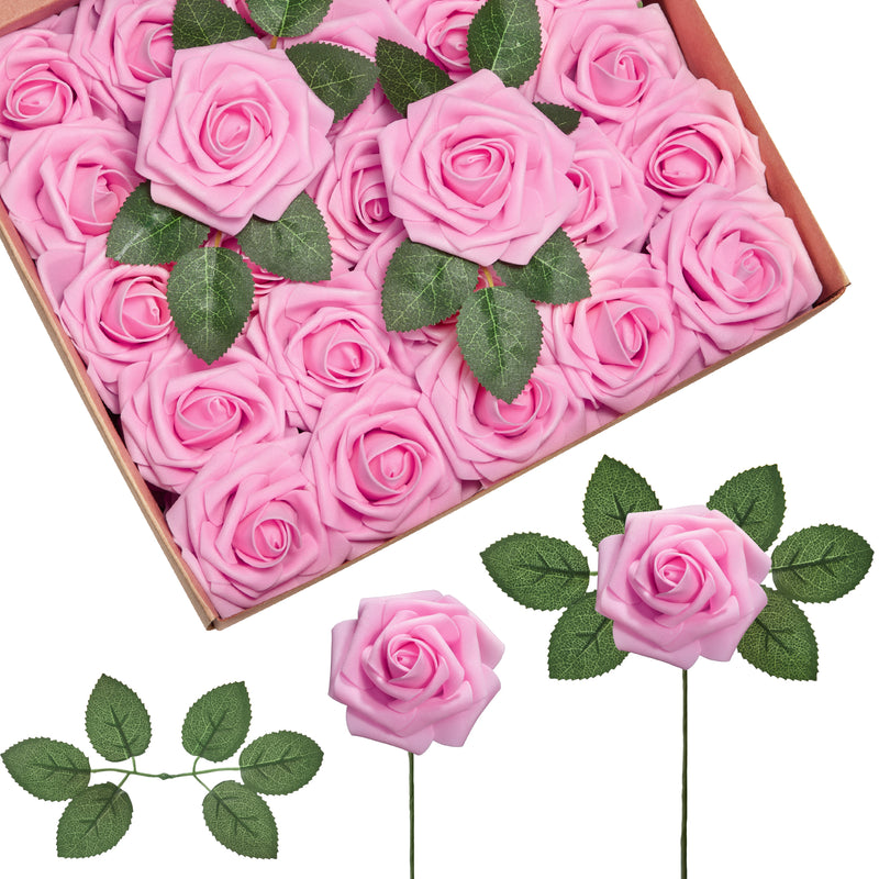 InnoGear Artificial Flowers, 100 Pcs Pink Foam Fake Roses Bulk with Stems for Decoration DIY Wedding Bouquets Centerpieces Bridal Shower Party Valentines Christmas Tree