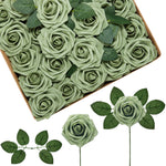 InnoGear Artificial Flowers, 50 Pcs Elf Green Rose Foam Fake Roses Bulk with Stems for Decoration DIY Wedding Bouquets Centerpieces Bridal Shower Party Christmas Tree