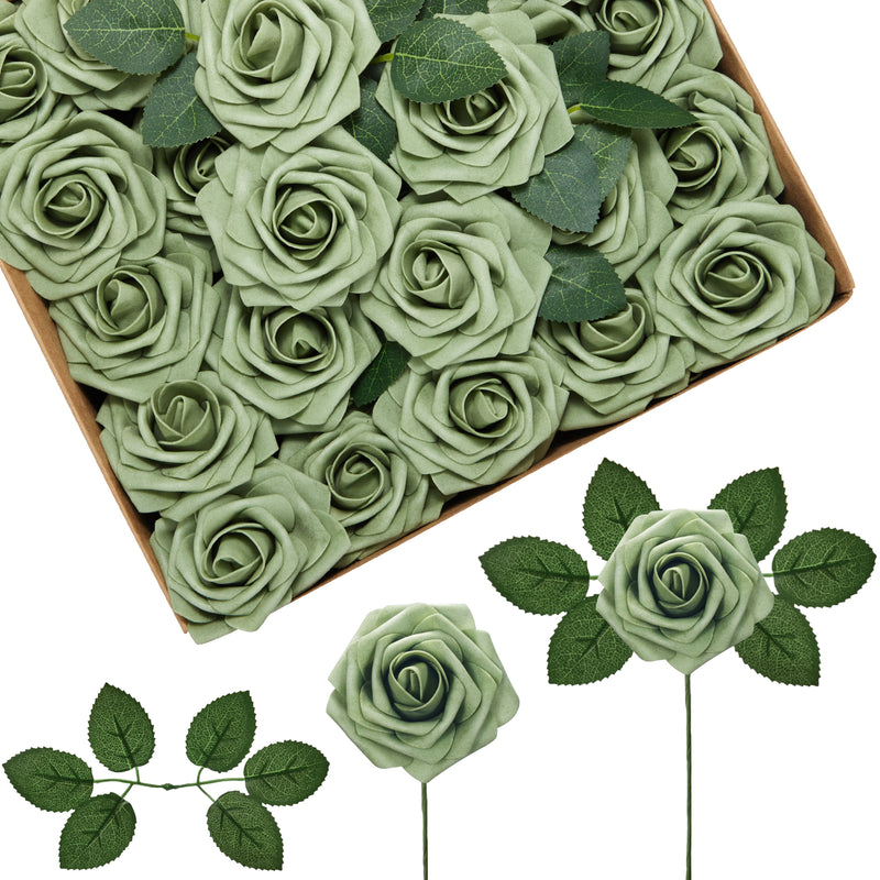 InnoGear Artificial Flowers, 50 Pcs Elf Green Rose Foam Fake Roses Bulk with Stems for Decoration DIY Wedding Bouquets Centerpieces Bridal Shower Party Christmas Tree
