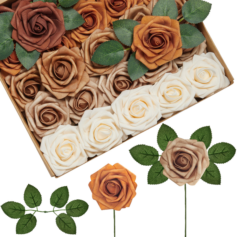 InnoGear Artificial Flowers, 50 Pcs Shades of Earth Tones Foam Fake Roses Bulk with Stems for Decoration Celebration DIY Wedding Bouquets Centerpieces Bridal Shower Party Christmas Tree