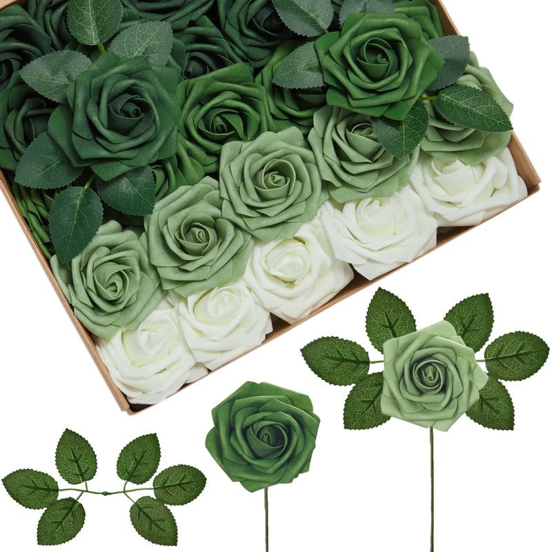 InnoGear Artificial Flowers, 50 Pcs Shades of Forest Rose Foam Fake Roses Bulk with Stems for Decoration DIY Wedding Bouquets Centerpieces Bridal Shower Party Christmas Tree
