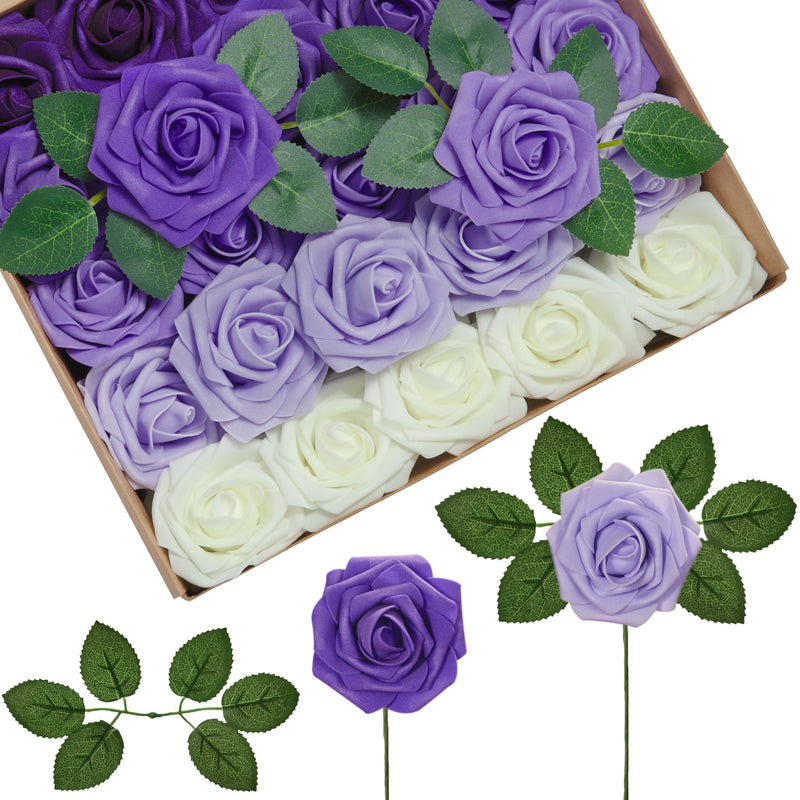 InnoGear Artificial Flowers, 50 Pcs Shades of Purple Foam Fake Roses Bulk with Stems for Decoration Celebration DIY Wedding Bouquets Centerpieces Bridal Shower Party Christmas Tree