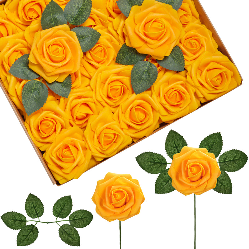 InnoGear Artificial Flowers, 50 Pcs Yellow Foam Fake Roses Bulk with Stems for Decoration Celebration DIY Wedding Bouquets Centerpieces Bridal Shower Party Christmas Tree