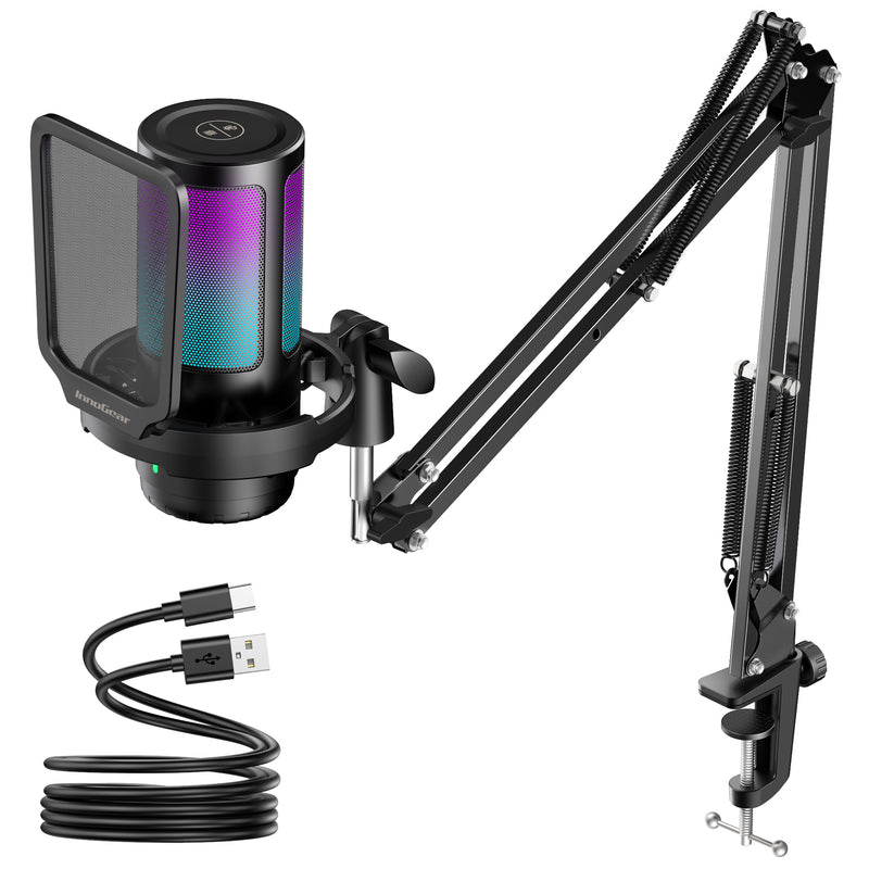 InnoGear CM38X Gaming USB Microphone, AI-Noise Cancelling Condenser Mic with Mute, Gain, RGB Indicator, Boom Arm Stand for Streaming, Podcast, Twitch, YouTube, Discord, PC, Computer, PS4, PS5, Mac, Black