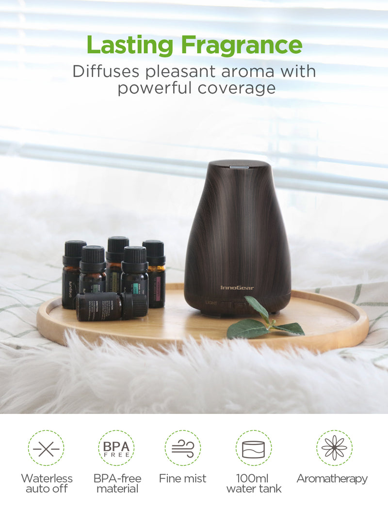 InnoGear Essential Oil Diffuser with Oils, 100ml Aromatherapy Diffuser with 6 Essential Oils Set, Aroma Cool Mist Humidifier Gift Set, Dark Wood Grain