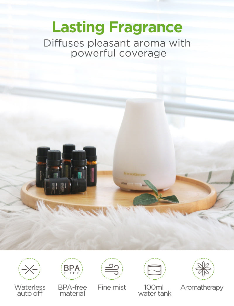 InnoGear Essential Oil Diffuser with Oils, 100ml Aromatherapy Diffuser with 6 Essential Oils Set, Aroma Cool Mist Humidifier Gift Set, White