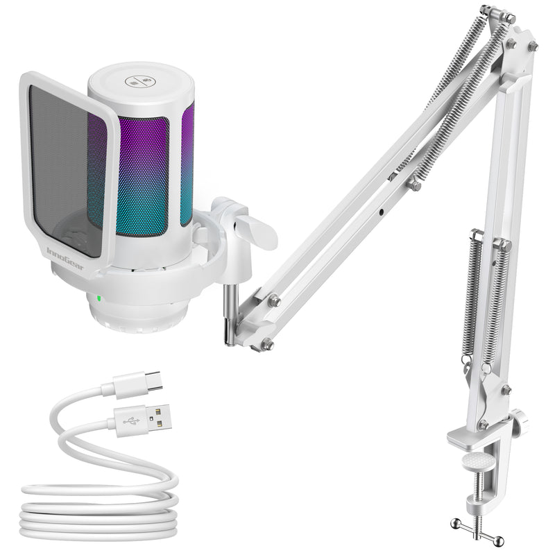 InnoGear Gaming USB Microphone, AI-Noise Cancelling Condenser Mic with Mute, Gain, RGB Indicator, Boom Arm Stand for Streaming, Podcast, Twitch, YouTube, Discord, PC, Computer, PS4, PS5, Mac, White