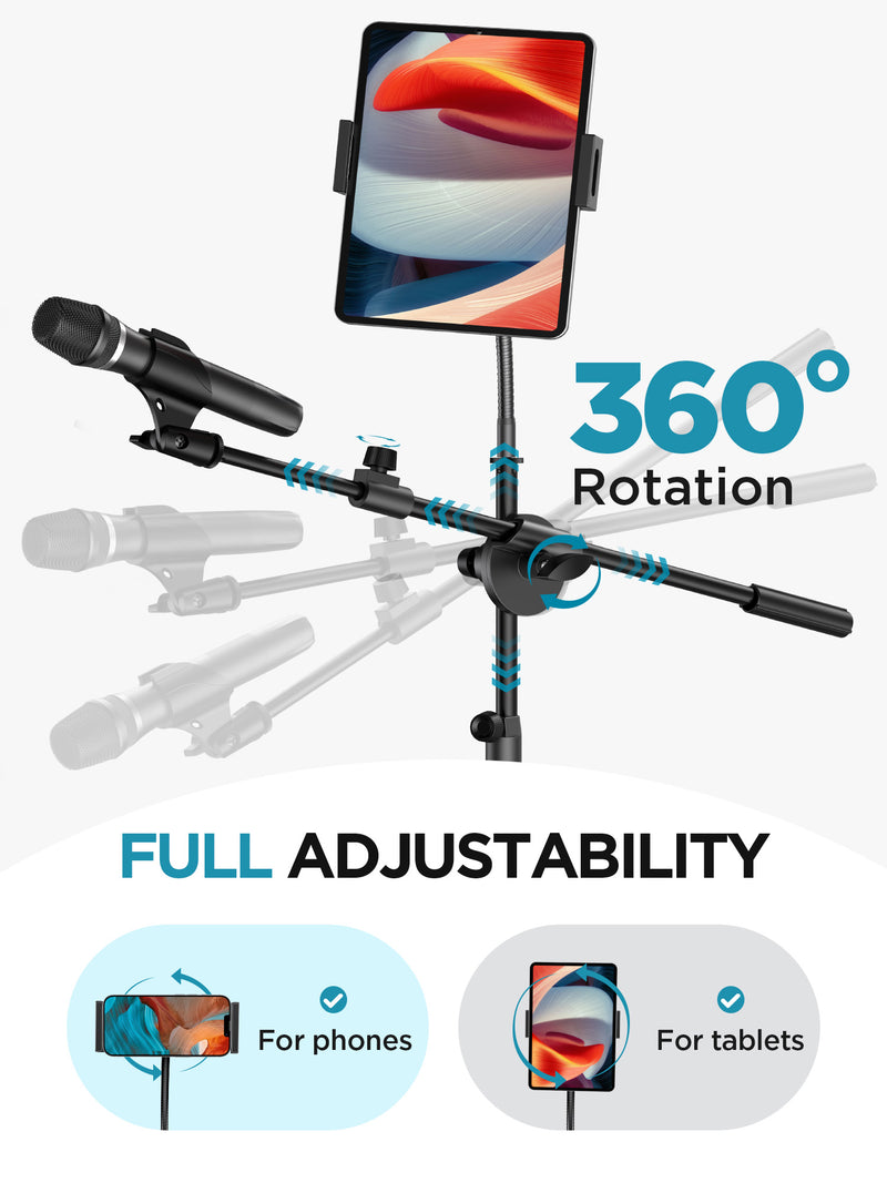 InnoGear Mic Stand, 6 in 1 Microphone Stand Floor with Tablet Phone Holder Height Adjustable from 30" to 72" Mic Stand Tripod Boom Arm with Gooseneck Carrying Bag for Singing Karaoke Stage