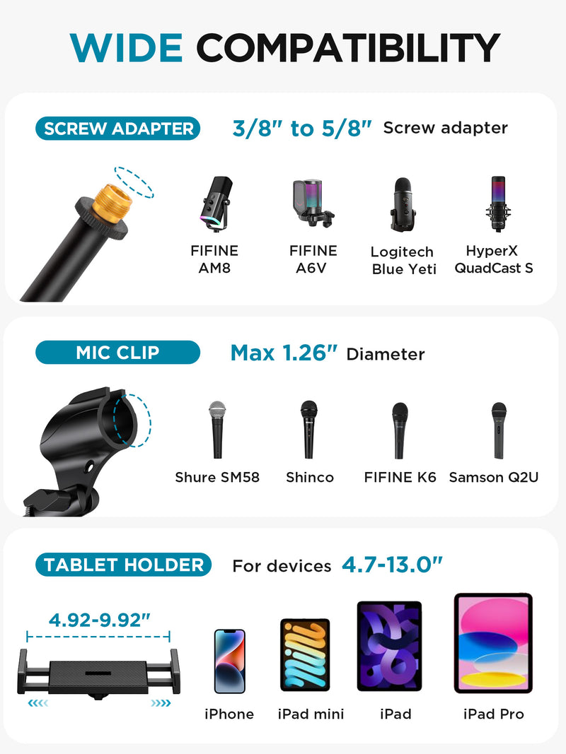 InnoGear Mic Stand, 6 in 1 Microphone Stand Floor with Tablet Phone Holder Height Adjustable from 30" to 72" Mic Stand Tripod Boom Arm with Gooseneck Carrying Bag for Singing Karaoke Stage