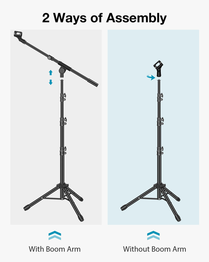 InnoGear Microphone Stand, Tripod Boom Arm Floor Mic Stand Height Adjustable Heavy Duty with Carrying Bag 2 Mic Clips 3/8" to 5/8" Adapter for Singing Podcast for Blue Yeti Shure SM58 SM48 Samson Q2U