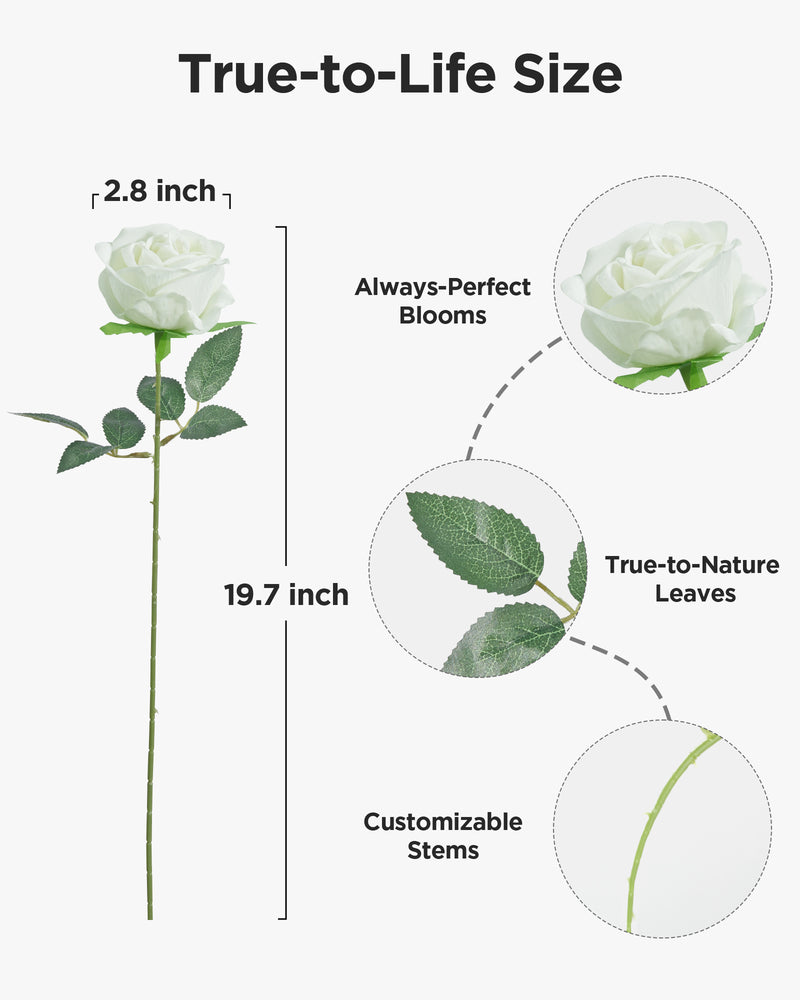 InnoGear 50 Pcs White Roses Artificial Flowers, Fake Velvet Silk Rose