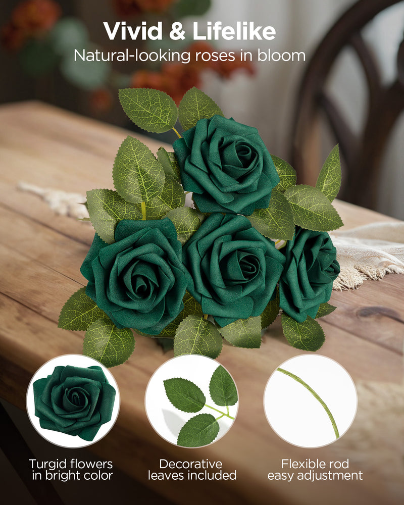 InnoGear Artificial Flowers, 100 Pcs Hunt Green Rose Foam Fake Roses Bulk with Stems for Decoration DIY Wedding Bouquets Centerpieces Bridal Shower Party Christmas Tree