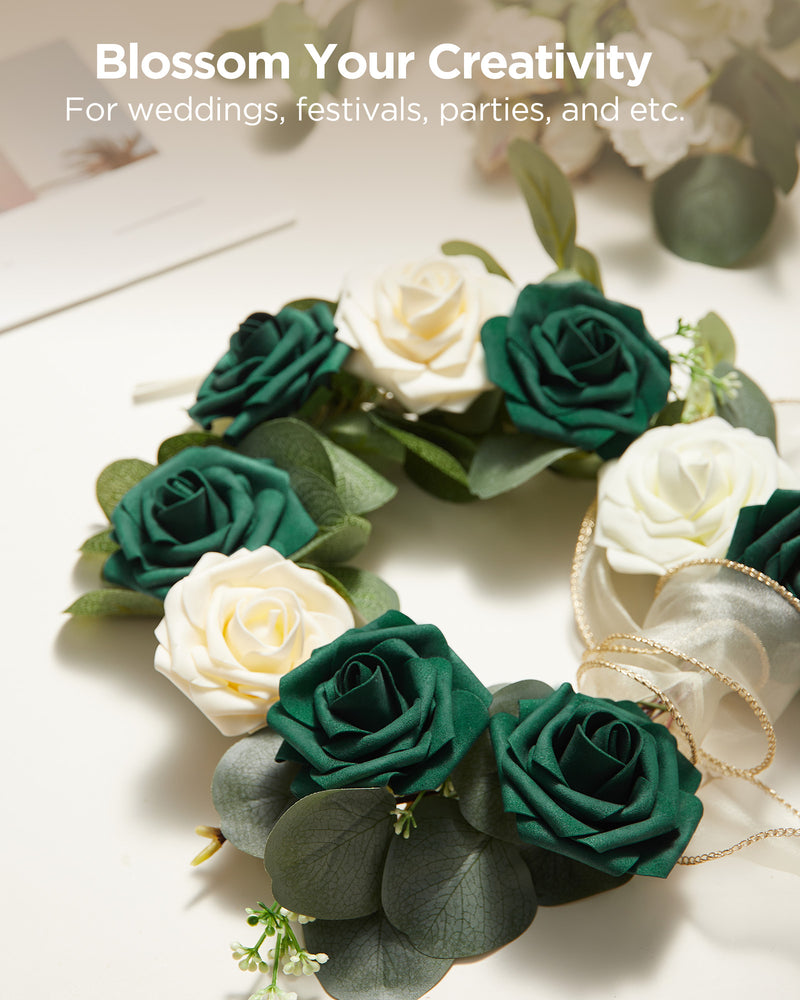 InnoGear Artificial Flowers, 100 Pcs Hunt Green Rose Foam Fake Roses Bulk with Stems for Decoration DIY Wedding Bouquets Centerpieces Bridal Shower Party Christmas Tree