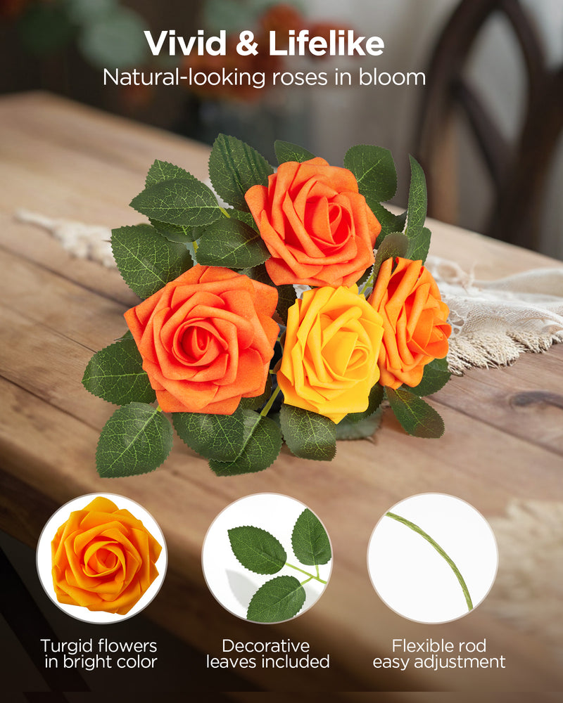 InnoGear Artificial Flowers, 100 Pcs Shades of Orange Rose Foam Fake Roses Bulk with Stems for Decoration DIY Wedding Bouquets Centerpieces Bridal Shower Party Christmas Tree
