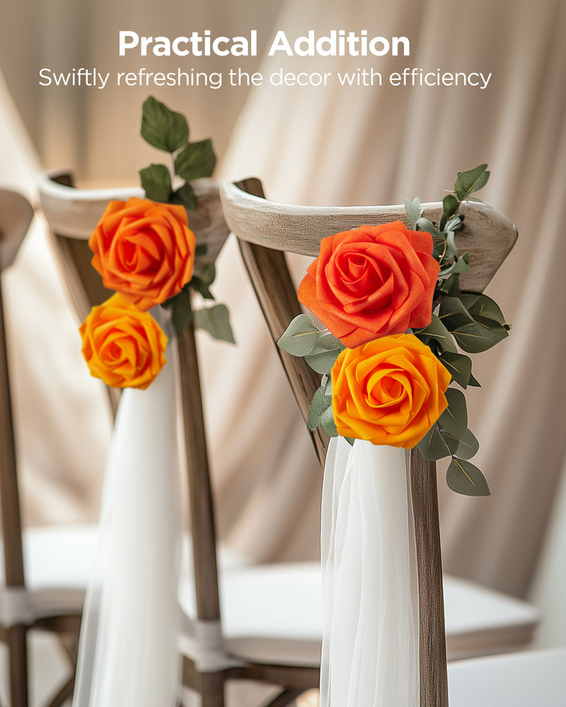 InnoGear Artificial Flowers, 100 Pcs Shades of Orange Rose Foam Fake Roses Bulk with Stems for Decoration DIY Wedding Bouquets Centerpieces Bridal Shower Party Christmas Tree