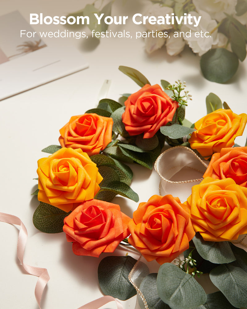 InnoGear Artificial Flowers, 100 Pcs Shades of Orange Rose Foam Fake Roses Bulk with Stems for Decoration DIY Wedding Bouquets Centerpieces Bridal Shower Party Christmas Tree