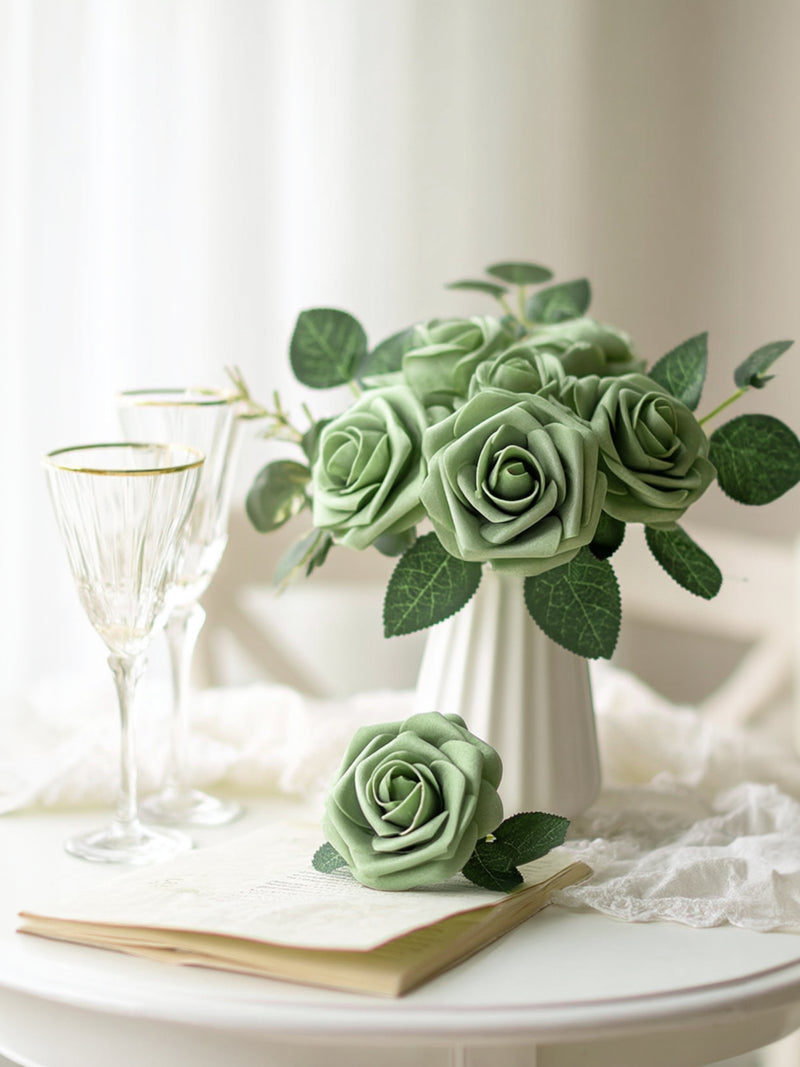 InnoGear Artificial Flowers, 50 Pcs Elf Green Rose Foam Fake Roses Bulk with Stems for Decoration DIY Wedding Bouquets Centerpieces Bridal Shower Party Christmas Tree