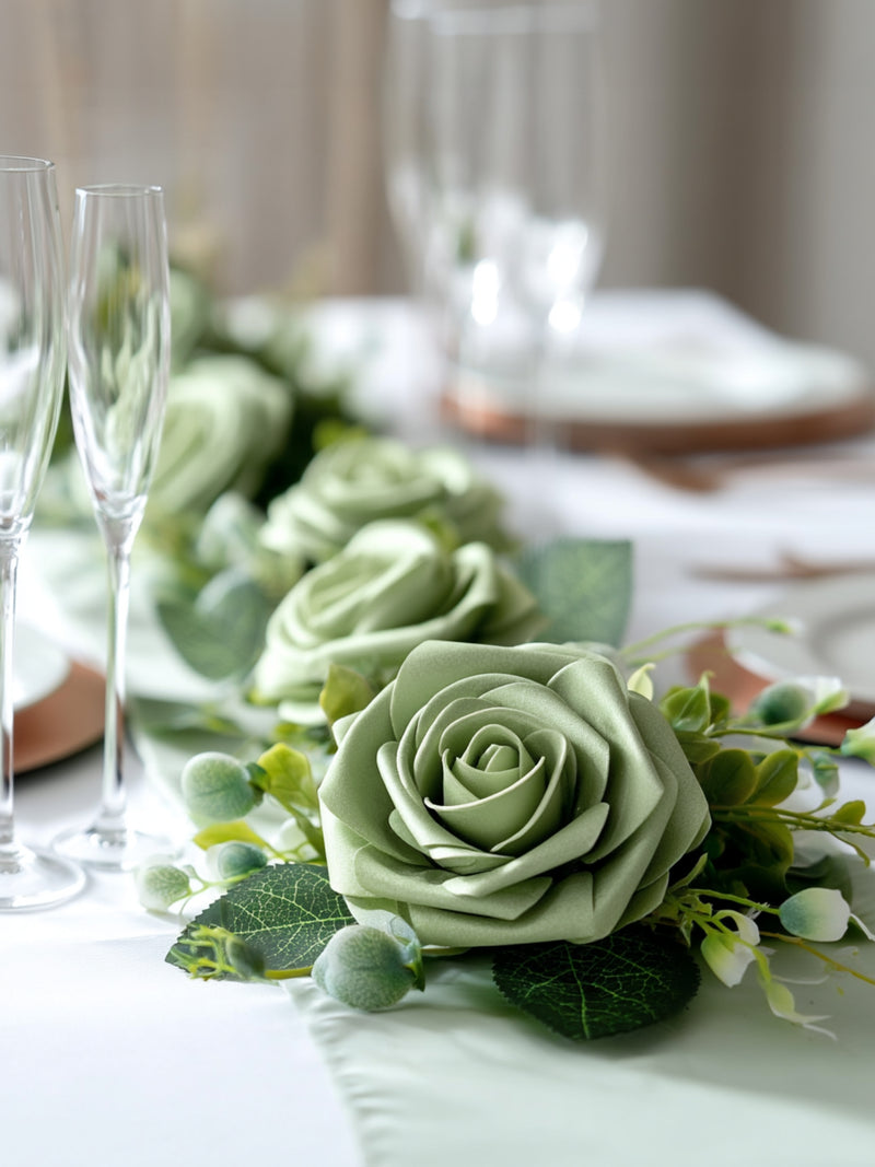 InnoGear Artificial Flowers, 50 Pcs Elf Green Rose Foam Fake Roses Bulk with Stems for Decoration DIY Wedding Bouquets Centerpieces Bridal Shower Party Christmas Tree