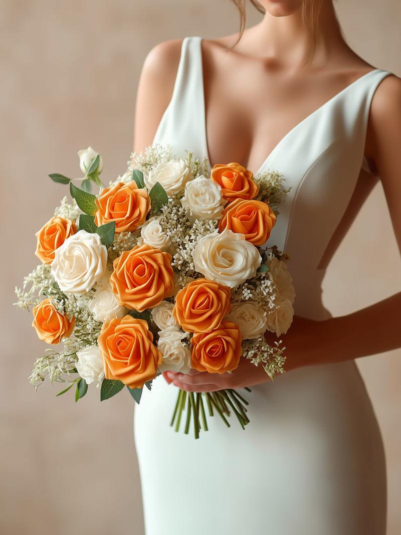 InnoGear Artificial Flowers, 50 Pcs Orange Rose Foam Fake Roses Bulk with Stems for Decoration DIY Wedding Bouquets Centerpieces Bridal Shower Party Christmas Tree
