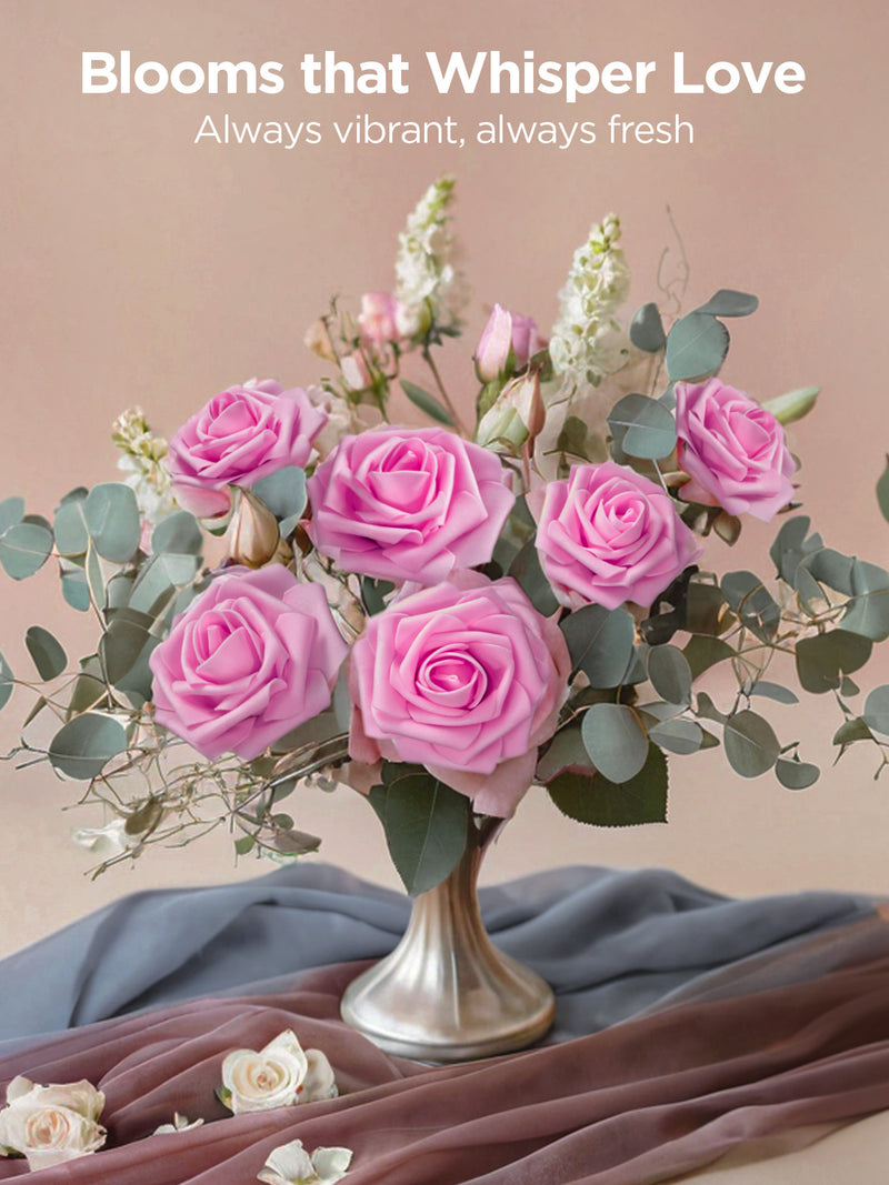 InnoGear Artificial Flowers, 50 Pcs Pink Foam Fake Roses Bulk with Stems for Decoration DIY Wedding Bouquets Centerpieces Bridal Shower Party Valentines Christmas Tree