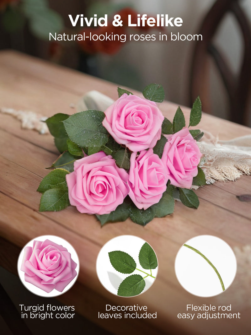InnoGear Artificial Flowers, 50 Pcs Pink Foam Fake Roses Bulk with Stems for Decoration DIY Wedding Bouquets Centerpieces Bridal Shower Party Valentines Christmas Tree