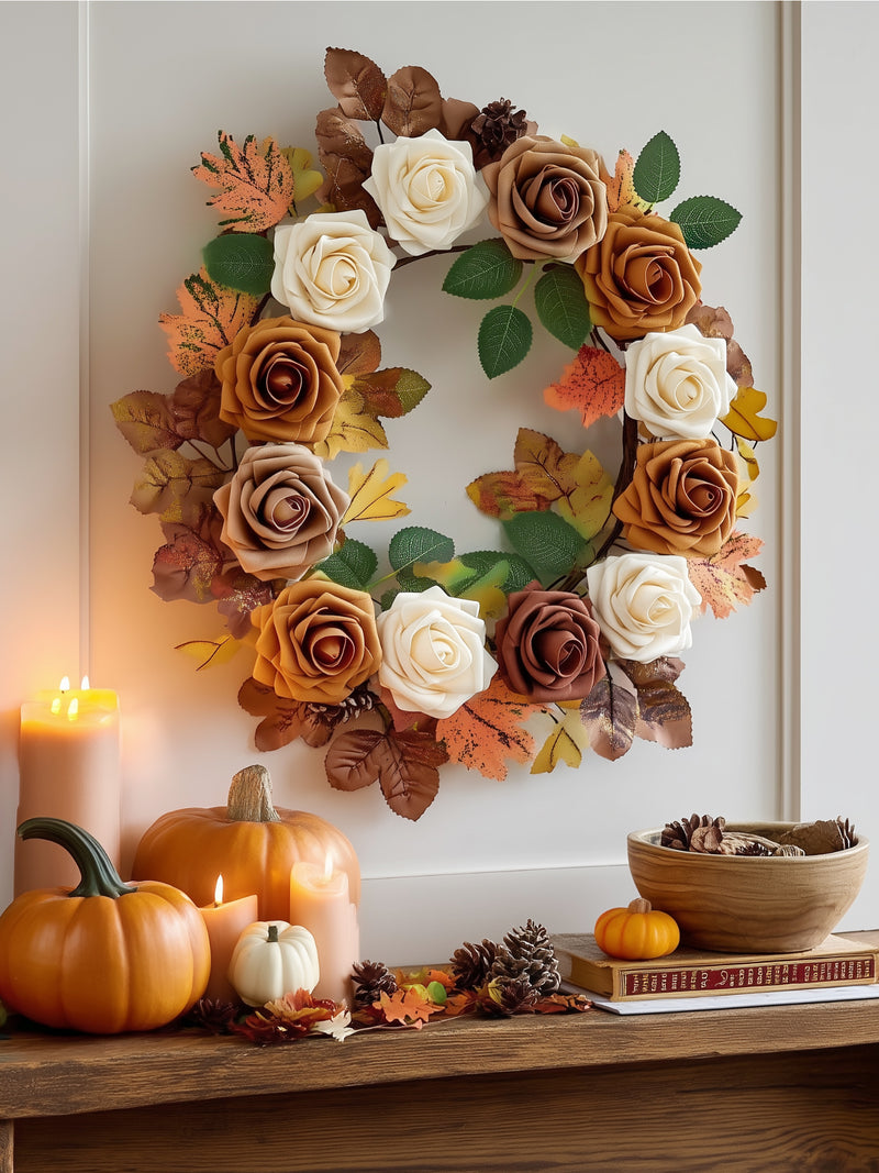 InnoGear Artificial Flowers, 50 Pcs Shades of Earth Tones Foam Fake Roses Bulk with Stems for Decoration Celebration DIY Wedding Bouquets Centerpieces Bridal Shower Party Christmas Tree