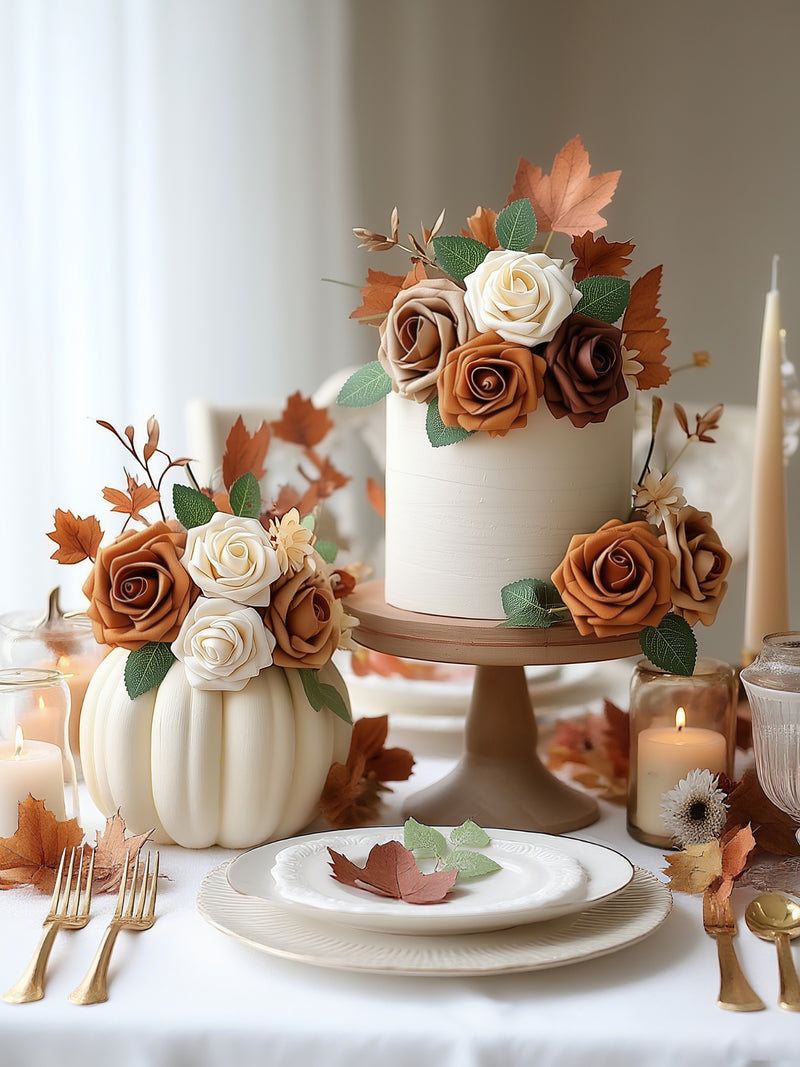 InnoGear Artificial Flowers, 50 Pcs Shades of Earth Tones Foam Fake Roses Bulk with Stems for Decoration Celebration DIY Wedding Bouquets Centerpieces Bridal Shower Party Christmas Tree