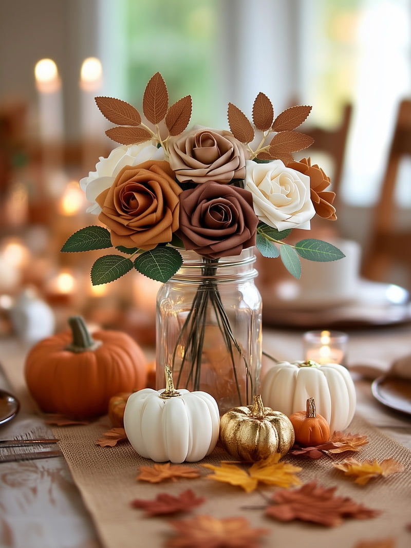 InnoGear Artificial Flowers, 50 Pcs Shades of Earth Tones Foam Fake Roses Bulk with Stems for Decoration Celebration DIY Wedding Bouquets Centerpieces Bridal Shower Party Christmas Tree