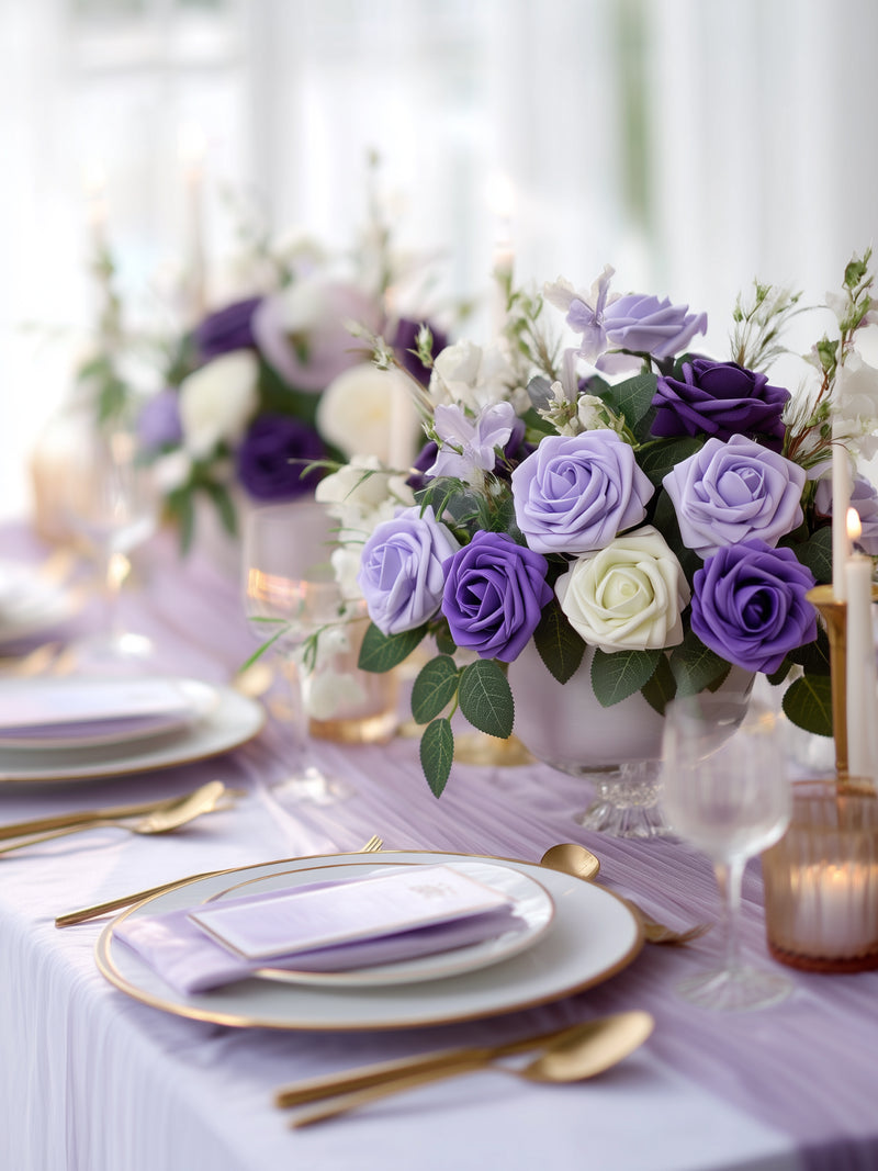 InnoGear Artificial Flowers, 50 Pcs Shades of Purple Foam Fake Roses Bulk with Stems for Decoration Celebration DIY Wedding Bouquets Centerpieces Bridal Shower Party Christmas Tree