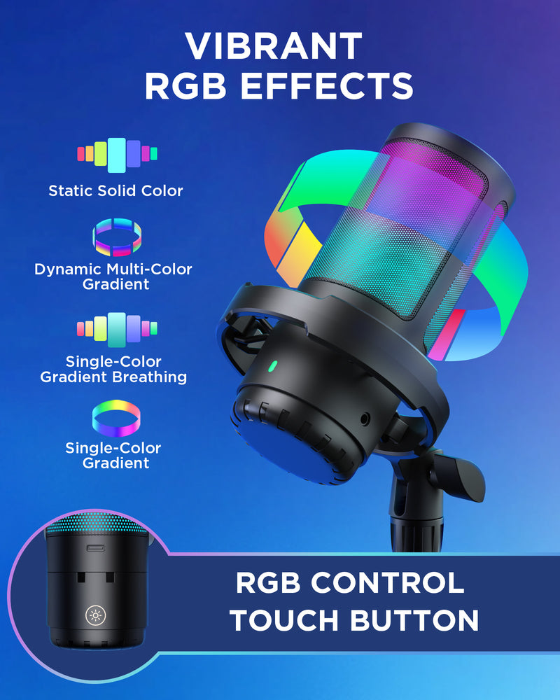 InnoGear CM38D USB Gaming Microphone Set, Noise Cancellation Condenser Mic with Boom Arm RGB Mute Headphones Jack for Streaming Podcasting Recording Vocal PC Computer YouTube Discord PS4 PS5, Black