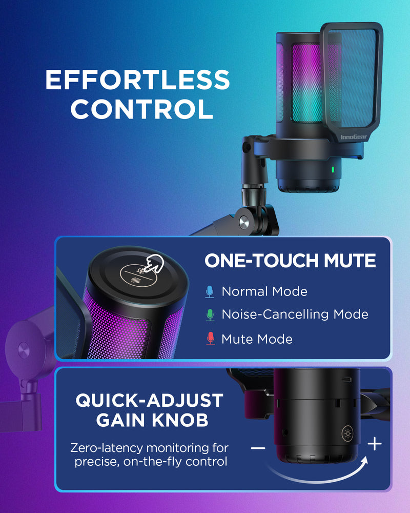 InnoGear CM38D USB Gaming Microphone Set, Noise Cancellation Condenser Mic with Boom Arm RGB Mute Headphones Jack for Streaming Podcasting Recording Vocal PC Computer YouTube Discord PS4 PS5, Black