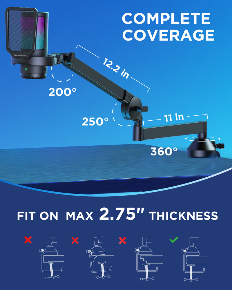 InnoGear CM38D USB Gaming Microphone Set, Noise Cancellation Condenser Mic with Boom Arm RGB Mute Headphones Jack for Streaming Podcasting Recording Vocal PC Computer YouTube Discord PS4 PS5, Black