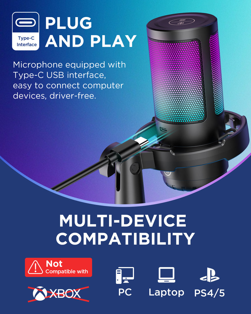 InnoGear CM38D USB Gaming Microphone Set, Noise Cancellation Condenser Mic with Boom Arm RGB Mute Headphones Jack for Streaming Podcasting Recording Vocal PC Computer YouTube Discord PS4 PS5, Black