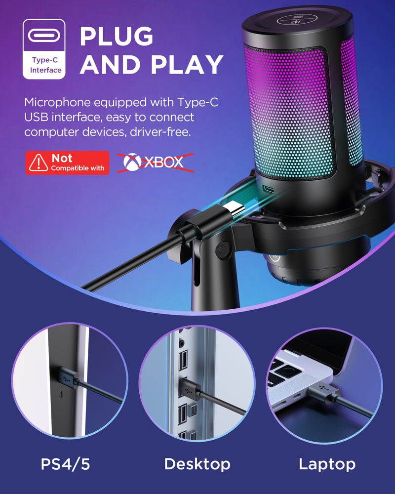 InnoGear CM38X Gaming USB Microphone, AI-Noise Cancelling Condenser Mic with Mute, Gain, RGB Indicator, Boom Arm Stand for Streaming, Podcast, Twitch, YouTube, Discord, PC, Computer, PS4, PS5, Mac, Black