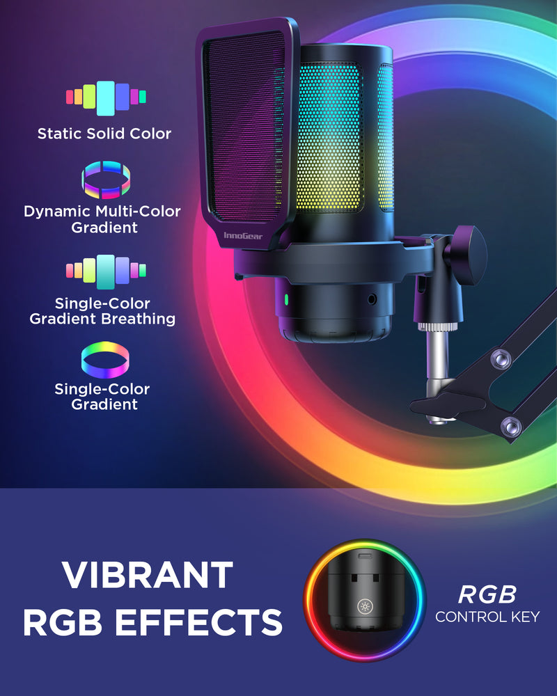 InnoGear CM38X Gaming USB Microphone, AI-Noise Cancelling Condenser Mic with Mute, Gain, RGB Indicator, Boom Arm Stand for Streaming, Podcast, Twitch, YouTube, Discord, PC, Computer, PS4, PS5, Mac, Black