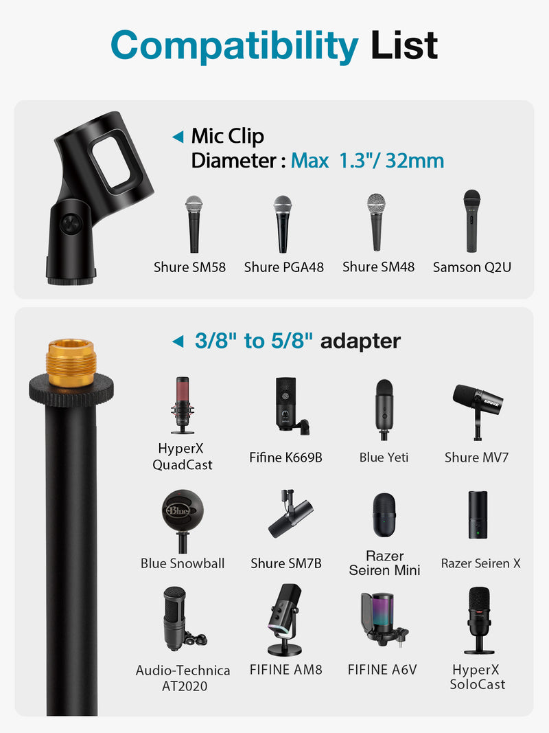 InnoGear Desktop Microphone Stand, 4 Pack Upgraded Adjustable Table Mic Stand with Mic Clip and 5/8" Male to 3/8" Female Screw for Blue Yeti Snowball Spark & Other Microphone