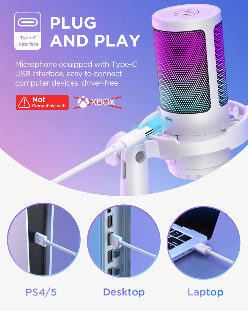 InnoGear Gaming USB Microphone, AI-Noise Cancelling Condenser Mic with Mute, Gain, RGB Indicator, Boom Arm Stand for Streaming, Podcast, Twitch, YouTube, Discord, PC, Computer, PS4, PS5, Mac, White