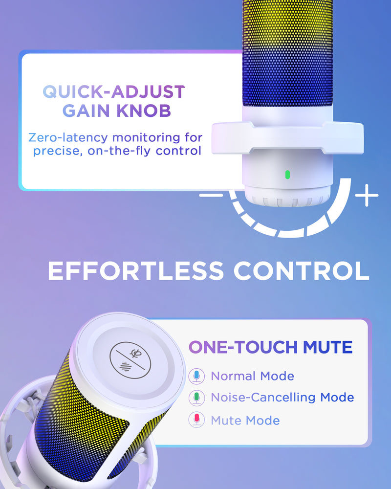 InnoGear Gaming USB Microphone, AI-Noise Cancelling Condenser Mic with Mute, Gain, RGB Indicator, Boom Arm Stand for Streaming, Podcast, Twitch, YouTube, Discord, PC, Computer, PS4, PS5, Mac, White
