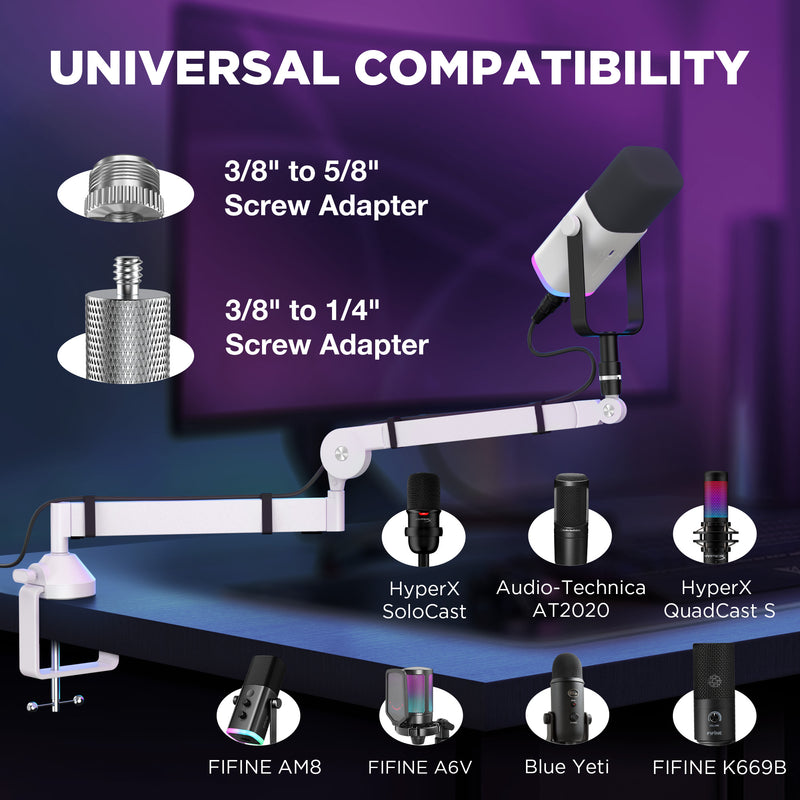 InnoGear Low Profile Mic Arm, 360° Rotatable Microphone Boom Arm Mic Stand for Fifine AM8 K669B Blue Yeti HyperX QuadCast SoloCast AT2020, with Mic Clip 3/8" to 5/8", 3/8" to 1/4" Adapter, White