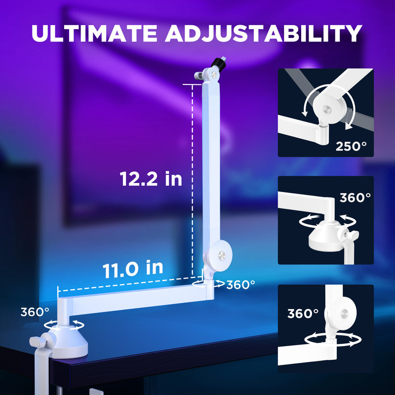 InnoGear Low Profile Mic Arm, 360° Rotatable Microphone Boom Arm Mic Stand for Fifine AM8 K669B Blue Yeti HyperX QuadCast SoloCast AT2020, with Mic Clip 3/8" to 5/8", 3/8" to 1/4" Adapter, White