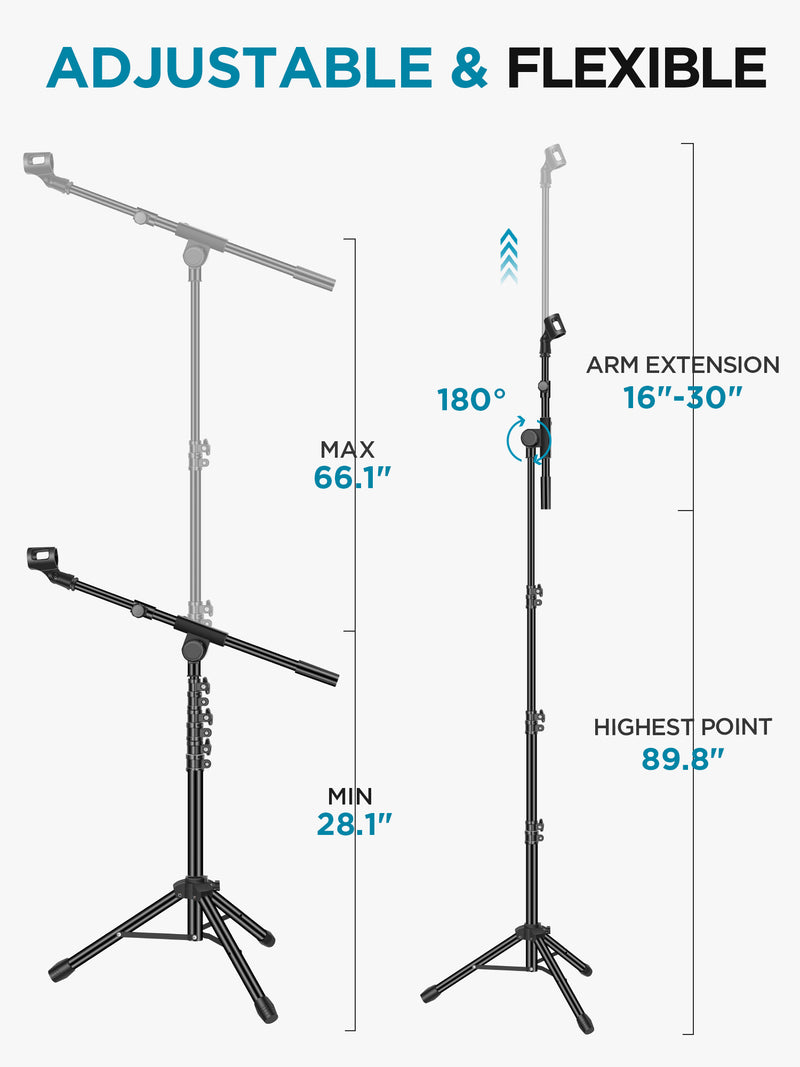 InnoGear Microphone Stand, 2 Pack Tripod Boom Arm Floor Mic Stand Height Adjustable with Carrying Bag 2 Mic Clips 38 to 58 Adapter for Singing Podcast for Blue Yeti Shure SM58 SM48 Samson Q2U
