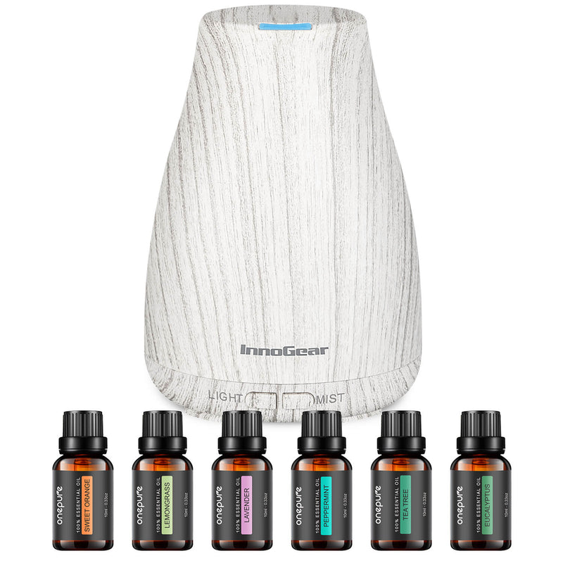 InnoGear Essential Oil Diffuser with Oils, 100ml Aromatherapy Diffuser with 6 Essential Oils Set, Aroma Cool Mist Humidifier Gift Set, Grey Wood Grain