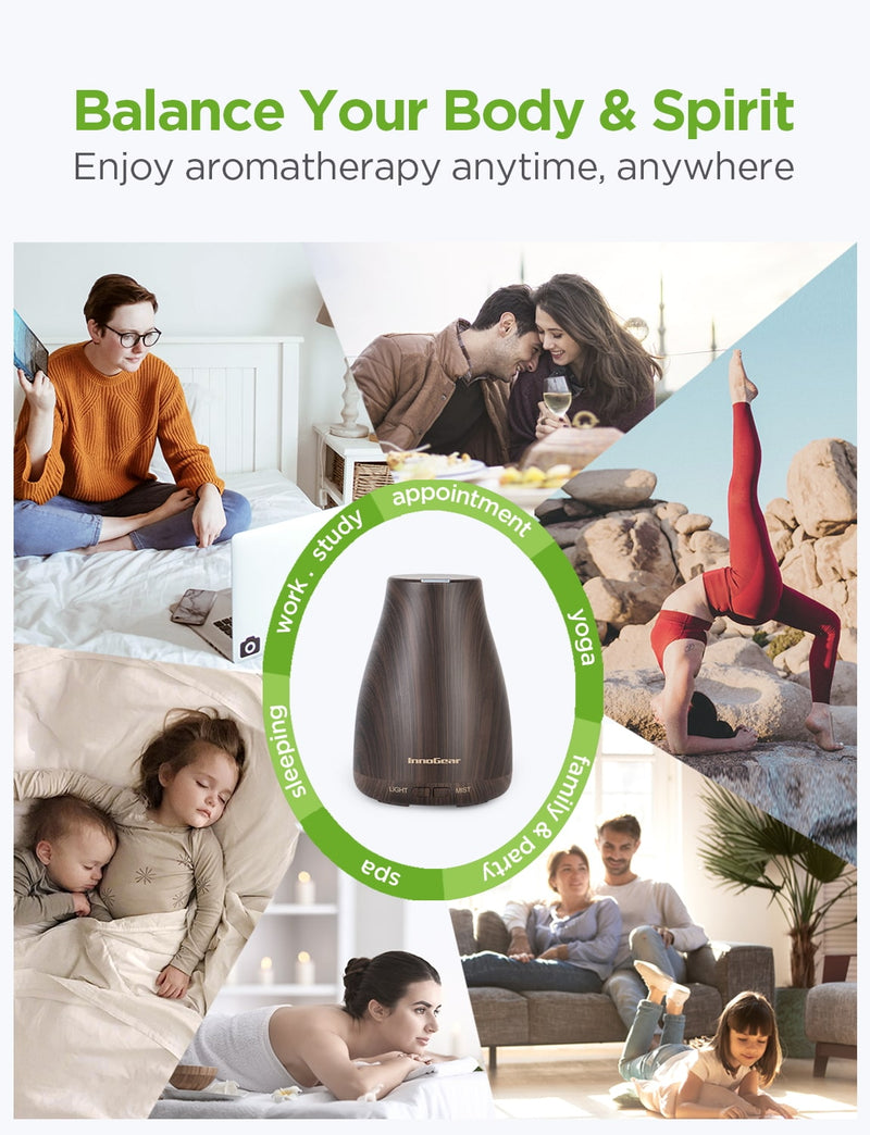 InnoGear Essential Oil Diffuser, Upgraded Diffusers for Essential Oils Aromatherapy Diffuser Cool Mist Humidifier with 7 Colors Lights 2 Mist Mode Waterless Auto Off for Home Office Room, 100ml, Brown