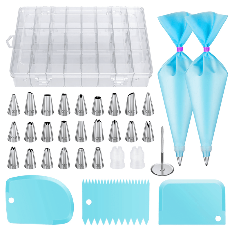 InnoGear 32-Pieces Cake Piping Nozzles Tips Kits with 2 Reusable Piping Bags Icing Bag, 2 Coupler, 3 Plastic Scrapers and Storage Case, Stainless Steel, Silver [UK]