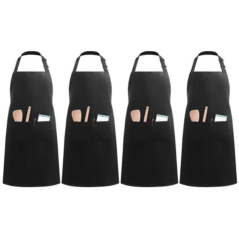 InnoGear 4 Packs Apron, Unisex Adjustable Apron with Pockets for Home Kitchen Cooking, Restaurant, Coffee house (Black, Polyester) [UK]