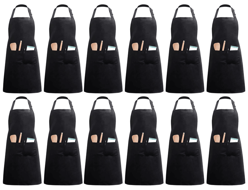 InnoGear Aprons 12 Pcs Chef Aprons with 2 Pockets Unisex Adjustable Men Aprons Women Aprons for Home Kitchen, Restaurant, Coffee house (Black Polyester) [UK]