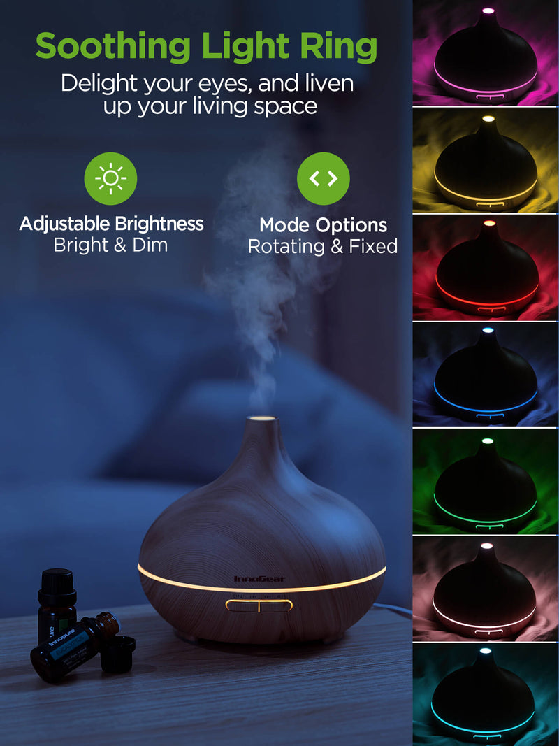 InnoGear Aromatherapy Diffuser & Oils Set, Oil Diffusers Ultrasonic Diffuser Cool Mist Humidifier with 4 Timers 7 Colors Light Waterless Auto Off for Large Room Office, Yellow Wood Grain