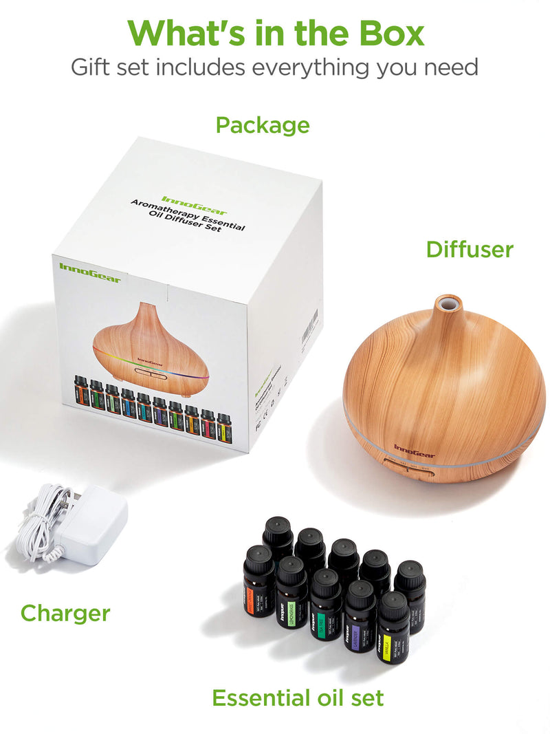 InnoGear Aromatherapy Diffuser & Oils Set, Oil Diffusers Ultrasonic Diffuser Cool Mist Humidifier with 4 Timers 7 Colors Light Waterless Auto Off for Large Room Office, Yellow Wood Grain